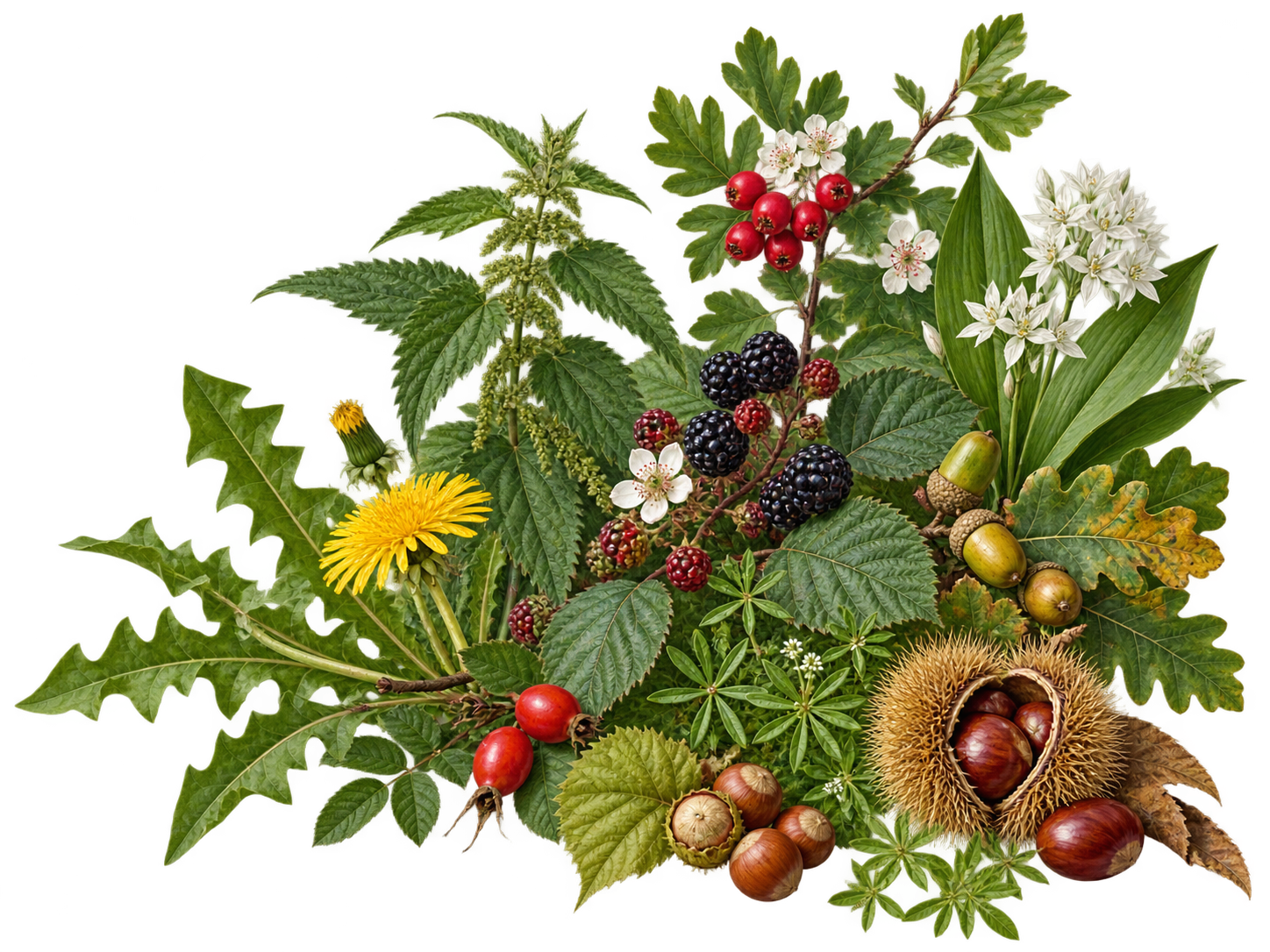 Botanical collage of British wild foods including dandelion, nettle, hawthorn, blackberries, acorns, hazelnuts, rosehips, sweet chestnuts and wild garlic