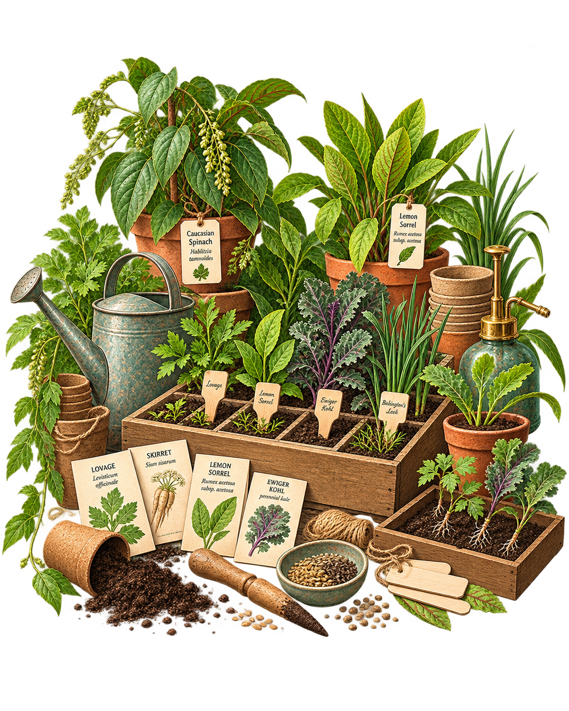 Illustrated heritage seed packets, sowing trays and young seedlings