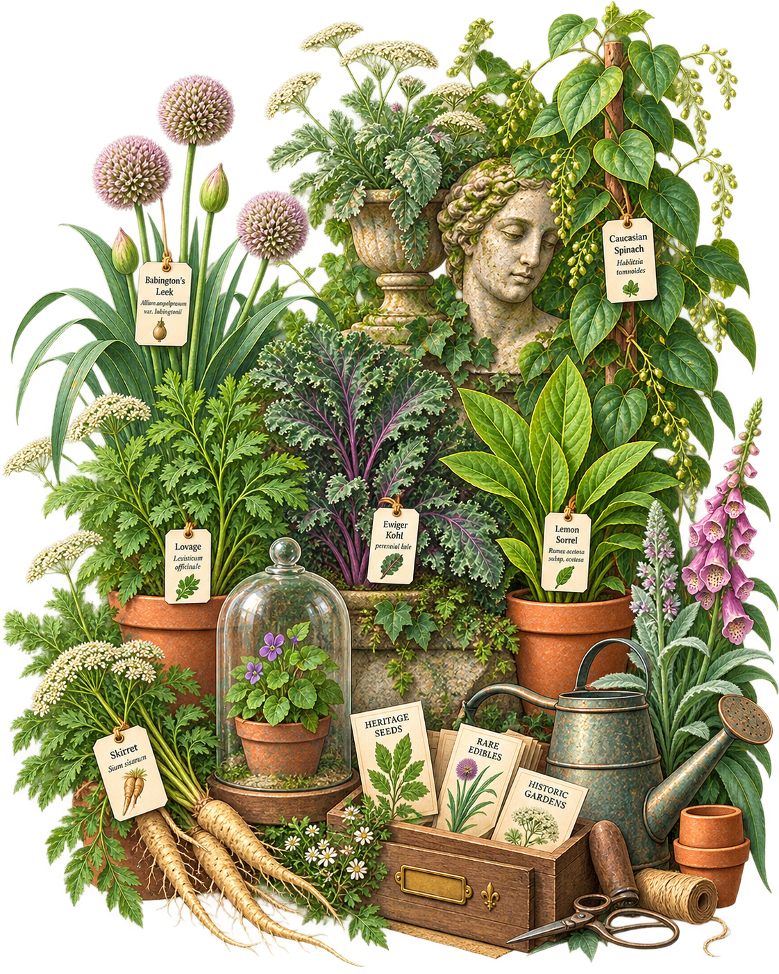 Illustrated historic garden display representing Ancient, Medieval, Tudor, Georgian and Victorian garden eras