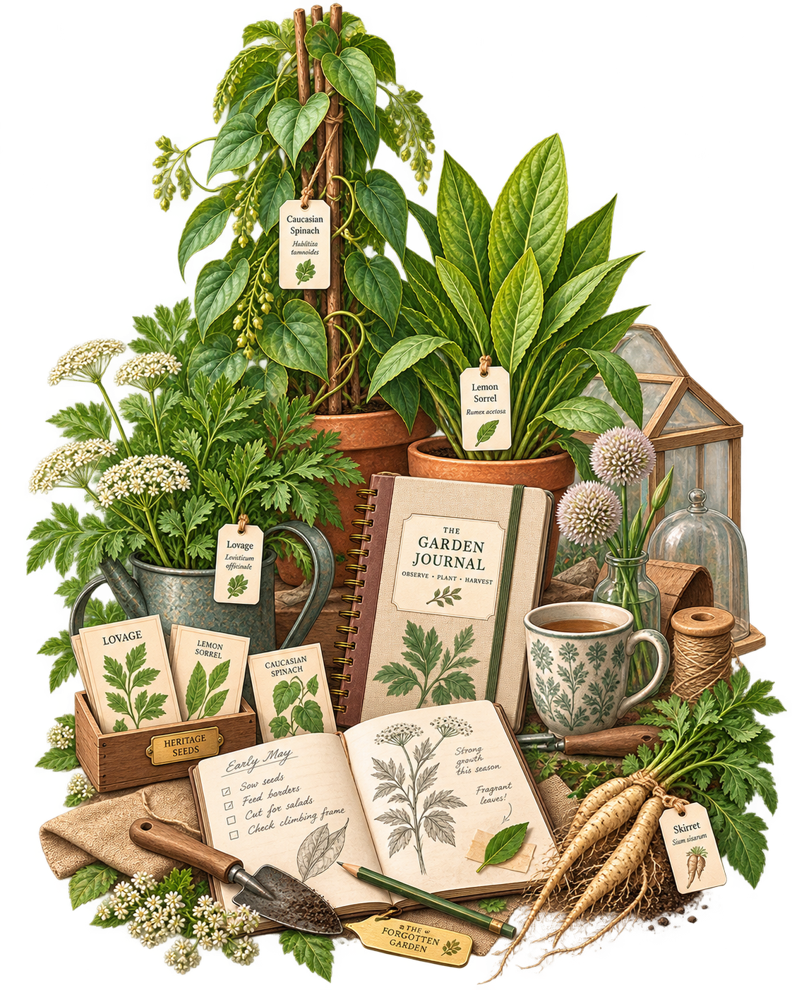 Illustrated garden journal display with notebook, seedlings and greenhouse notes
