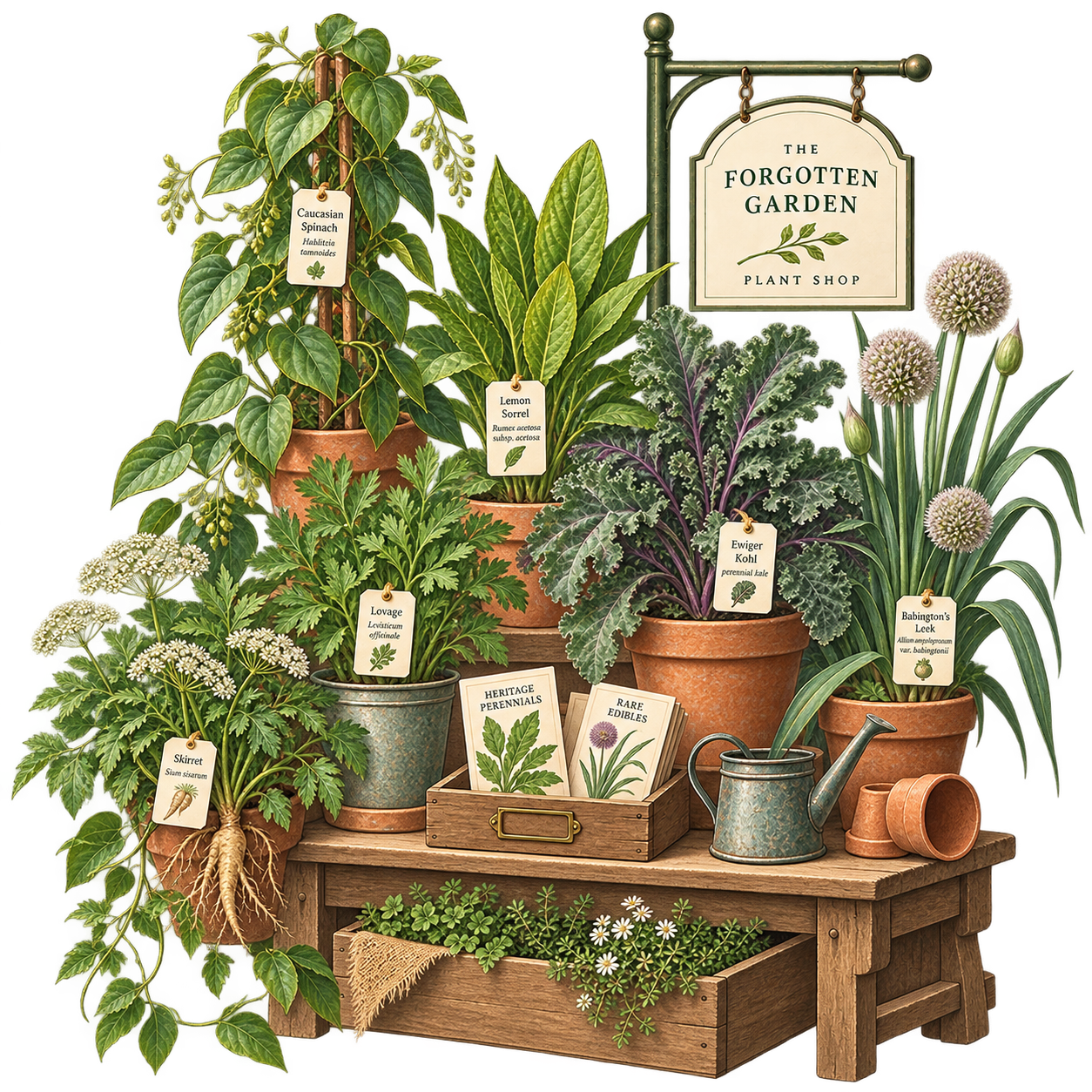 Illustrated display of plants for sale in The Forgotten Garden plant shop